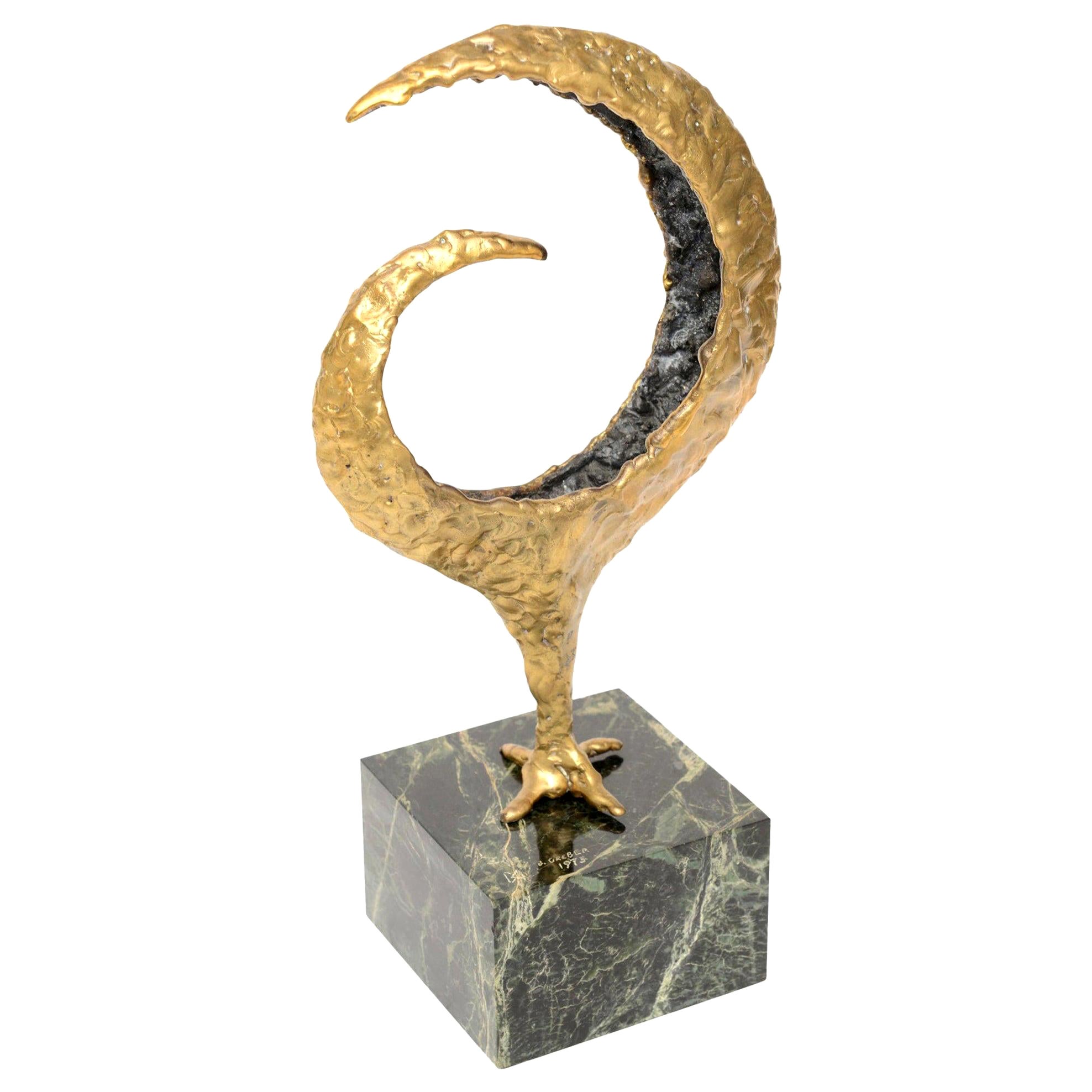 Vintage Molten Bronze and Green Marble Signed Gerber Abstract Sculpture  For Sale