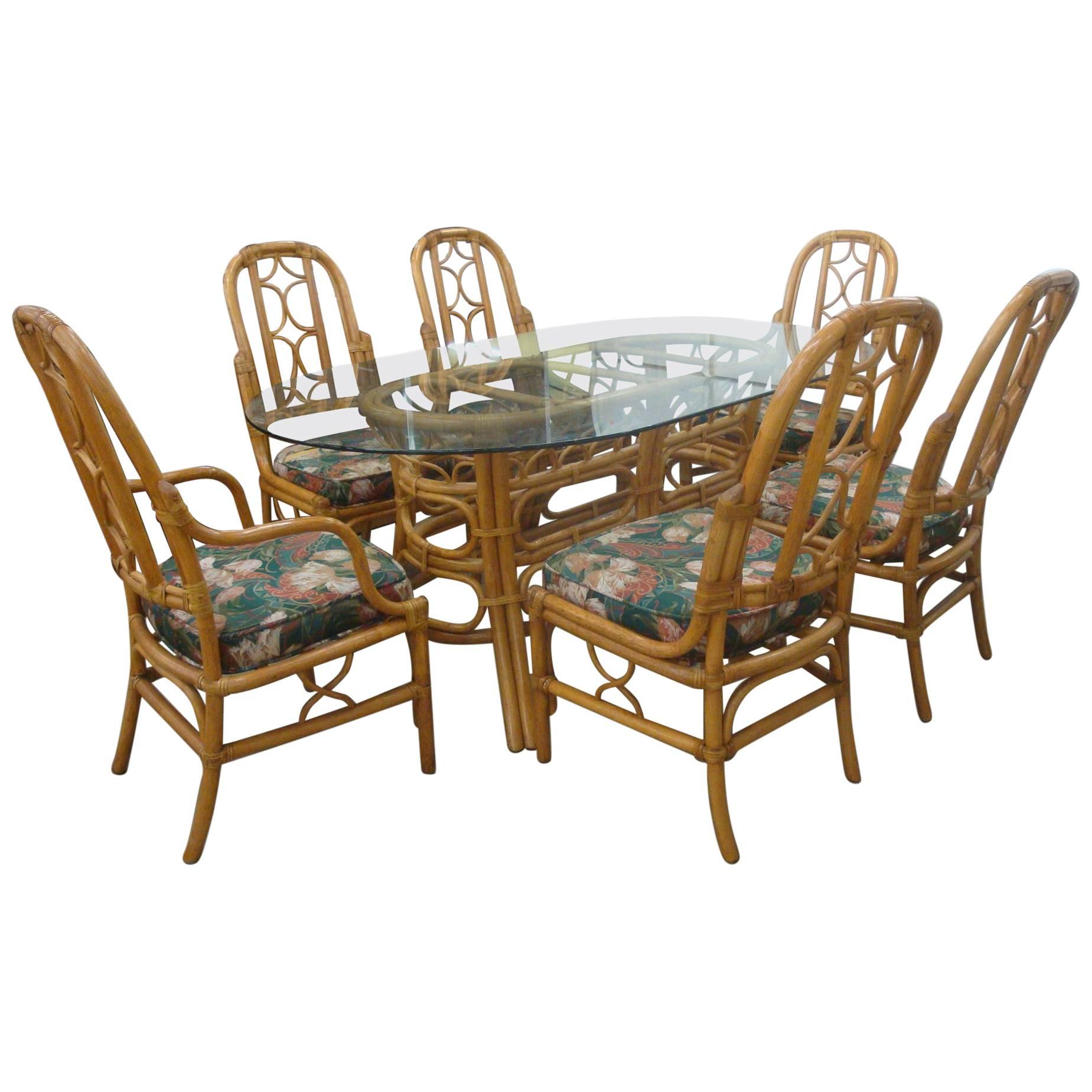 1970s McGuire Style Rattan Dining Set, Six Chairs and Table