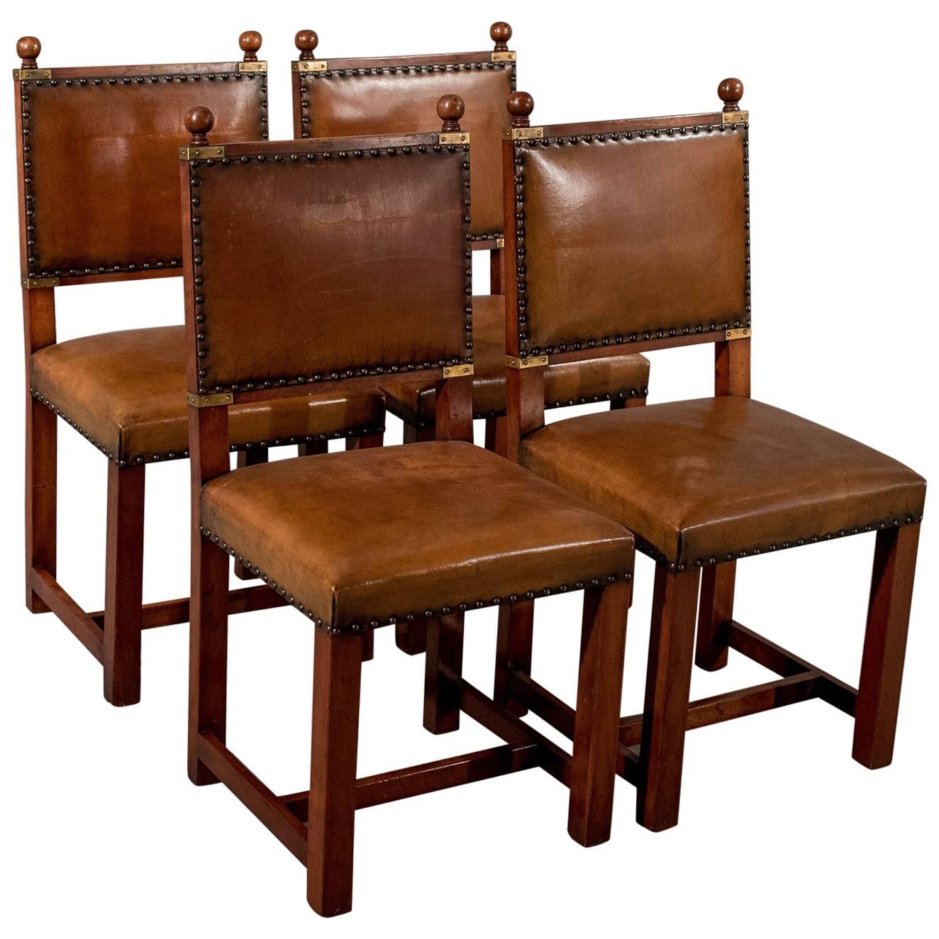 Antique Oak and Leather Set Four Dining Kitchen Chairs Comfy and Quality