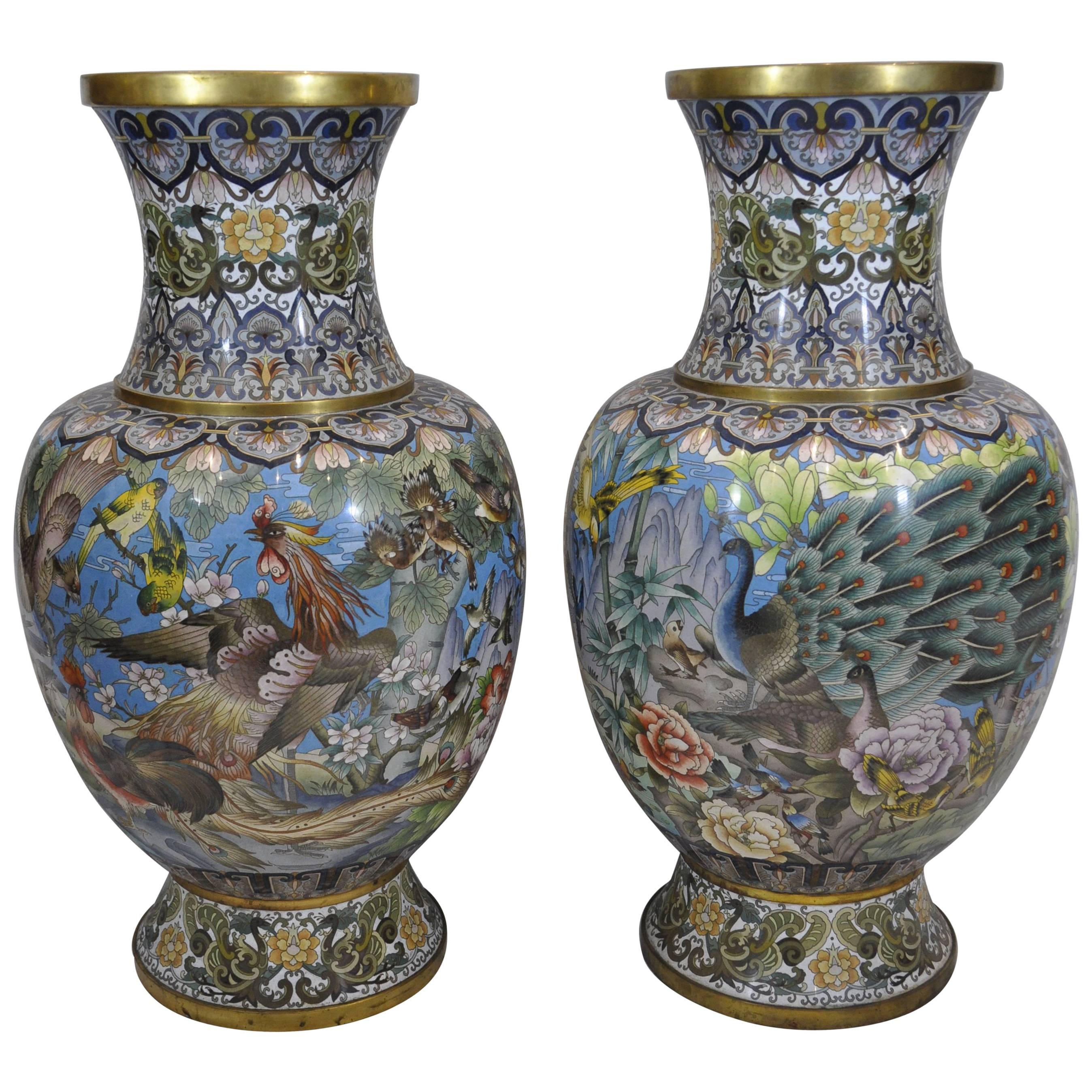 Pair of Early 20th Century Chinese Ormolu-Mounted Polychrome Cloisonné Vases For Sale