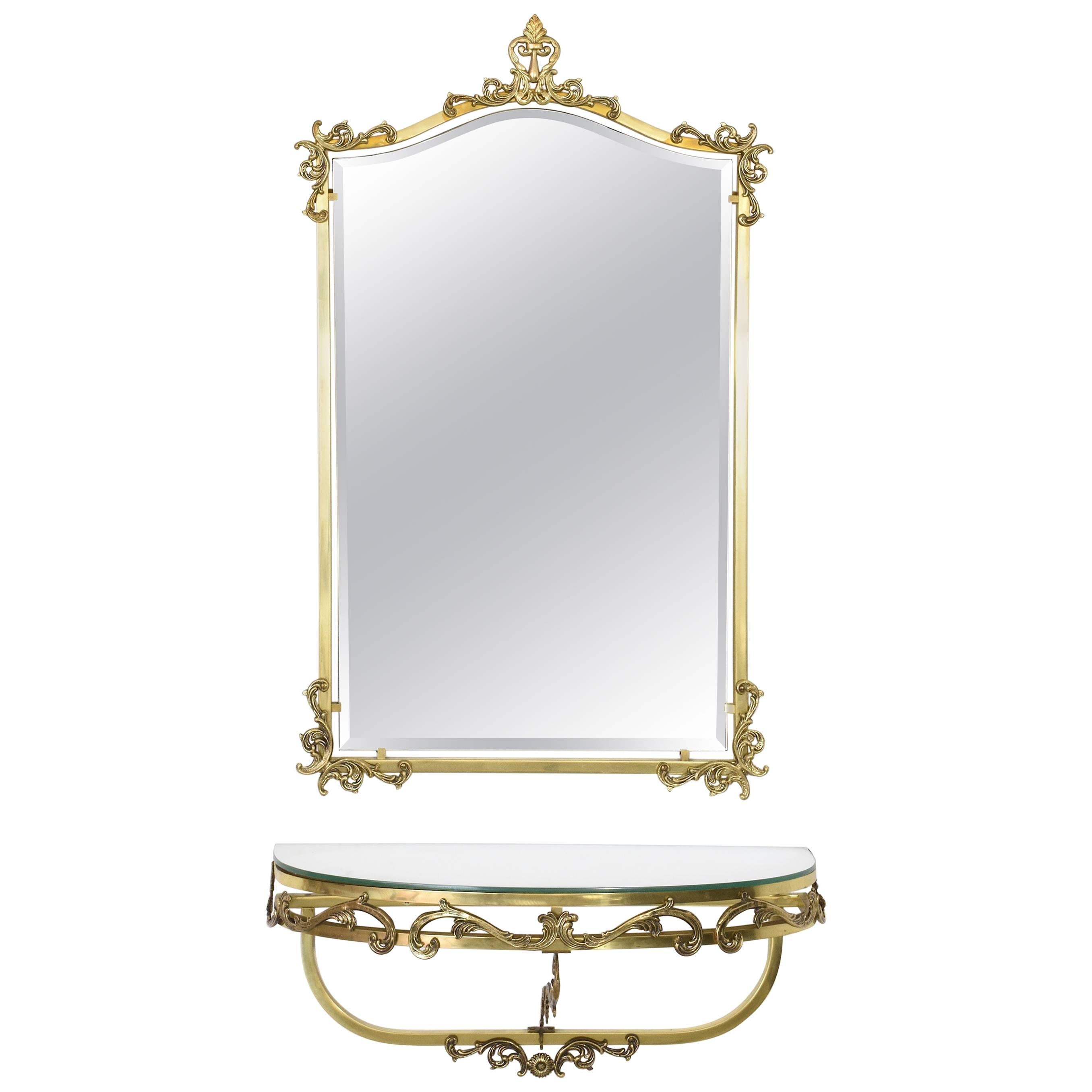 French Vintage Floating Brass Console and Wall Mirror, 1960 For Sale