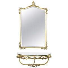 French Vintage Floating Brass Console and Wall Mirror, 1960