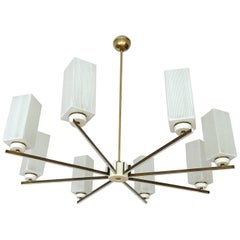 Large Brass and Glass Chandelier, 1960s Modernist Stilnovo Style Pendant Light 2