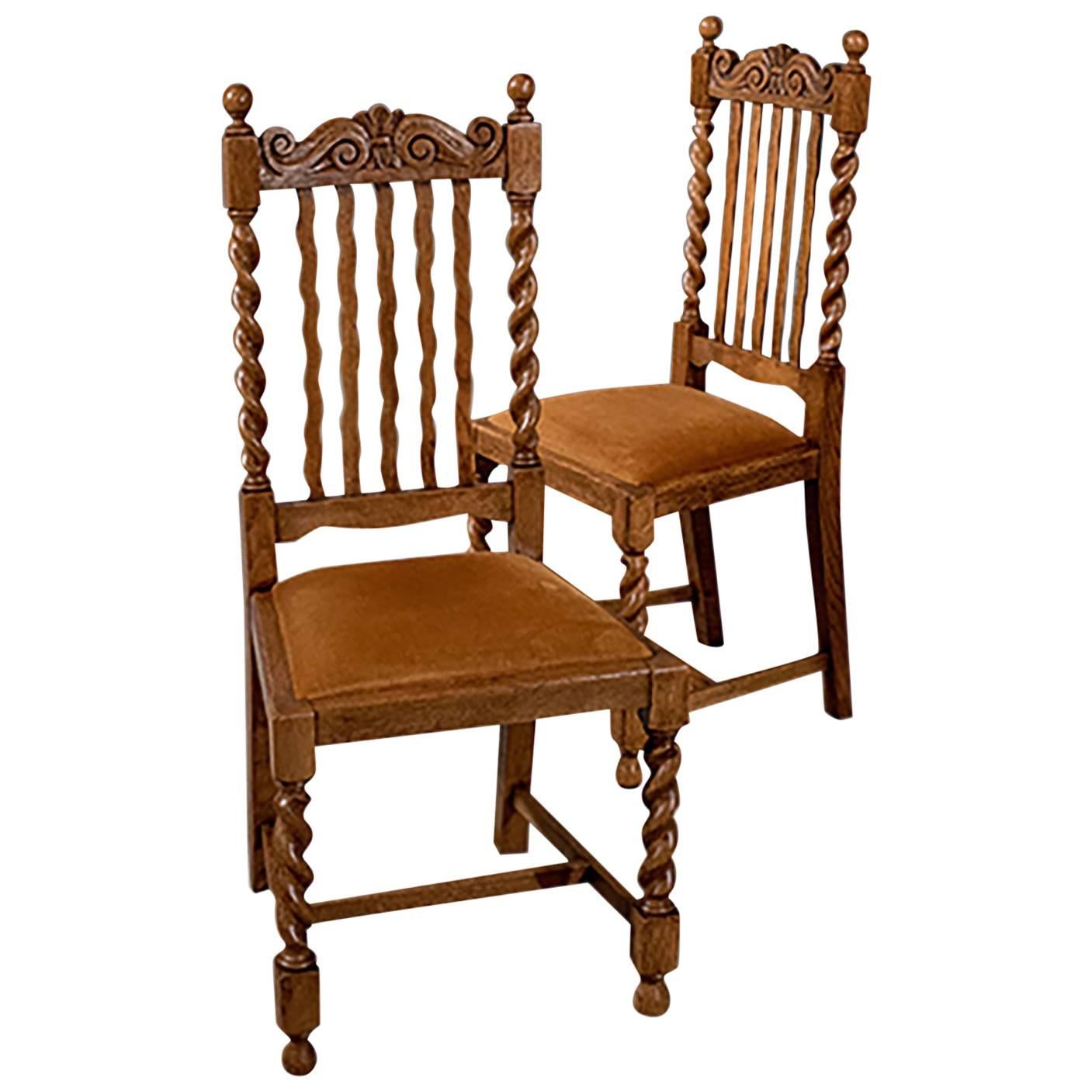 Pair of Oak Barley Twist Dining Side Chairs Quality Edwardian, circa 1910