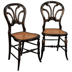 Antique Victorian Pair of Side Hall Dining Chairs Ebonized Mother-of-Pearl