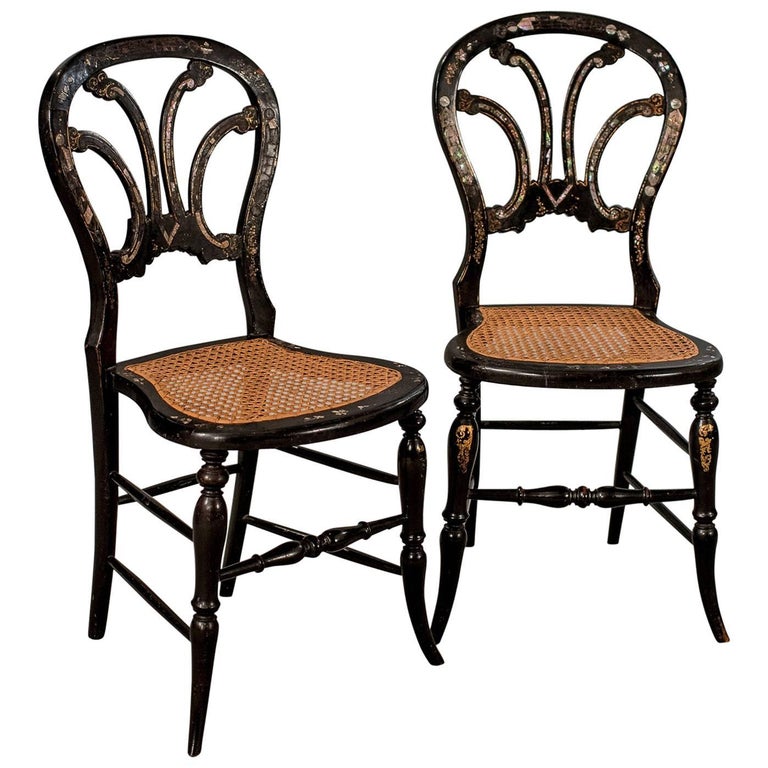 Antique Victorian Pair of Side Hall Dining Chairs Ebonized Motherof