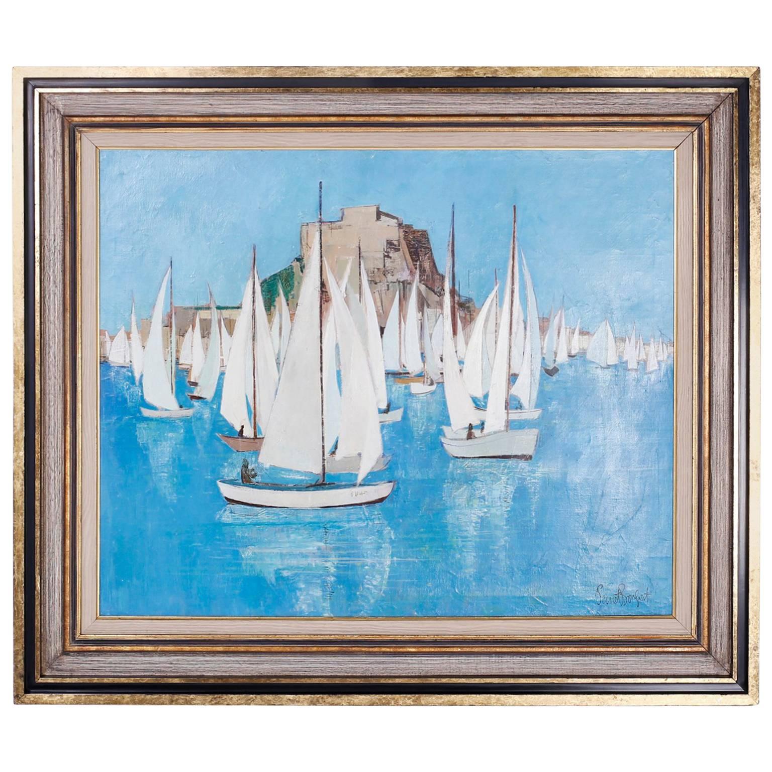 Mid-Century Modern Oil Painting on Canvas Depicting a Sailboat Race