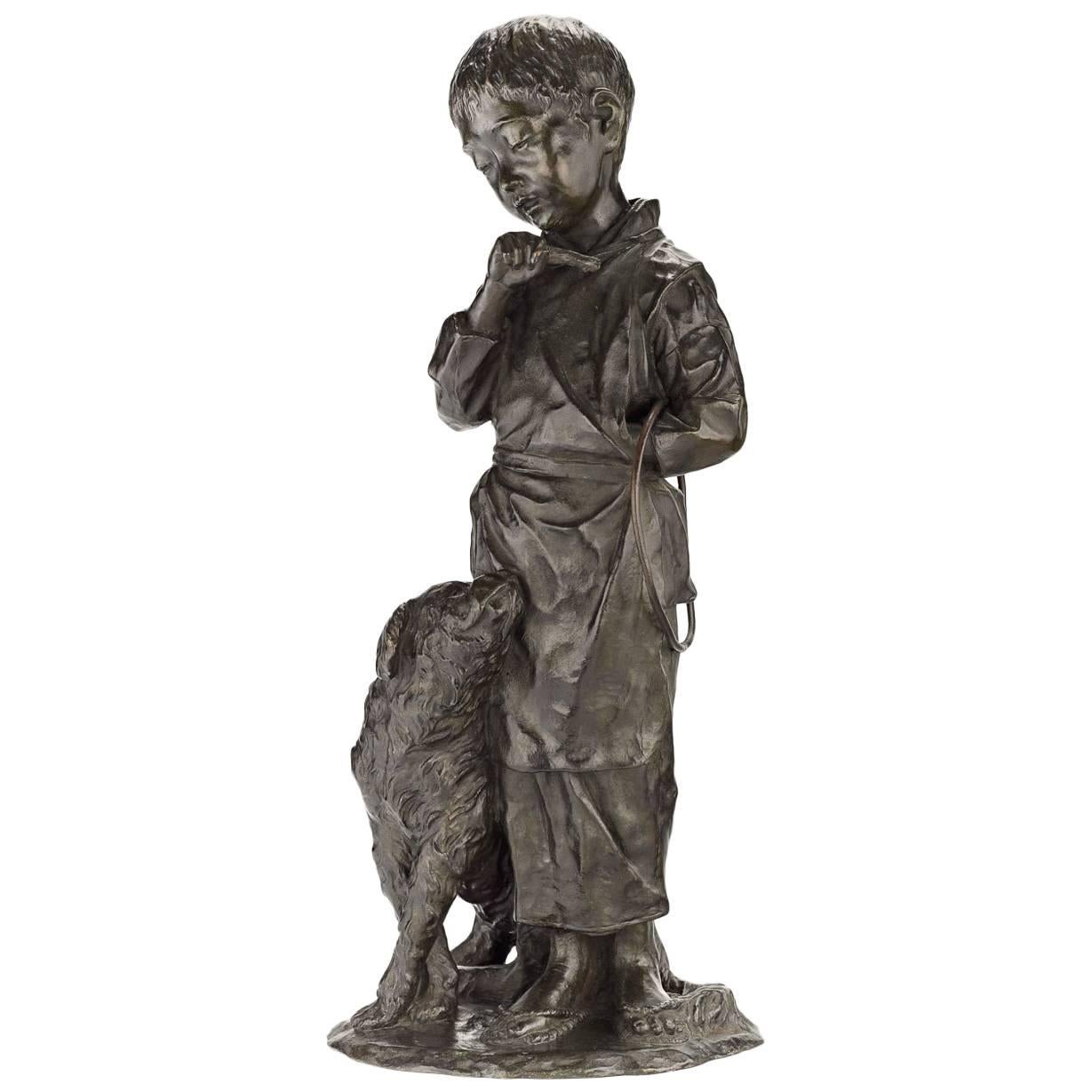19th Century Japanese Bronze Sculpture of a Boy and His Dog