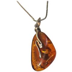 Vintage Large Gemstone Amber Pendant Silver Necklace, circa 1950