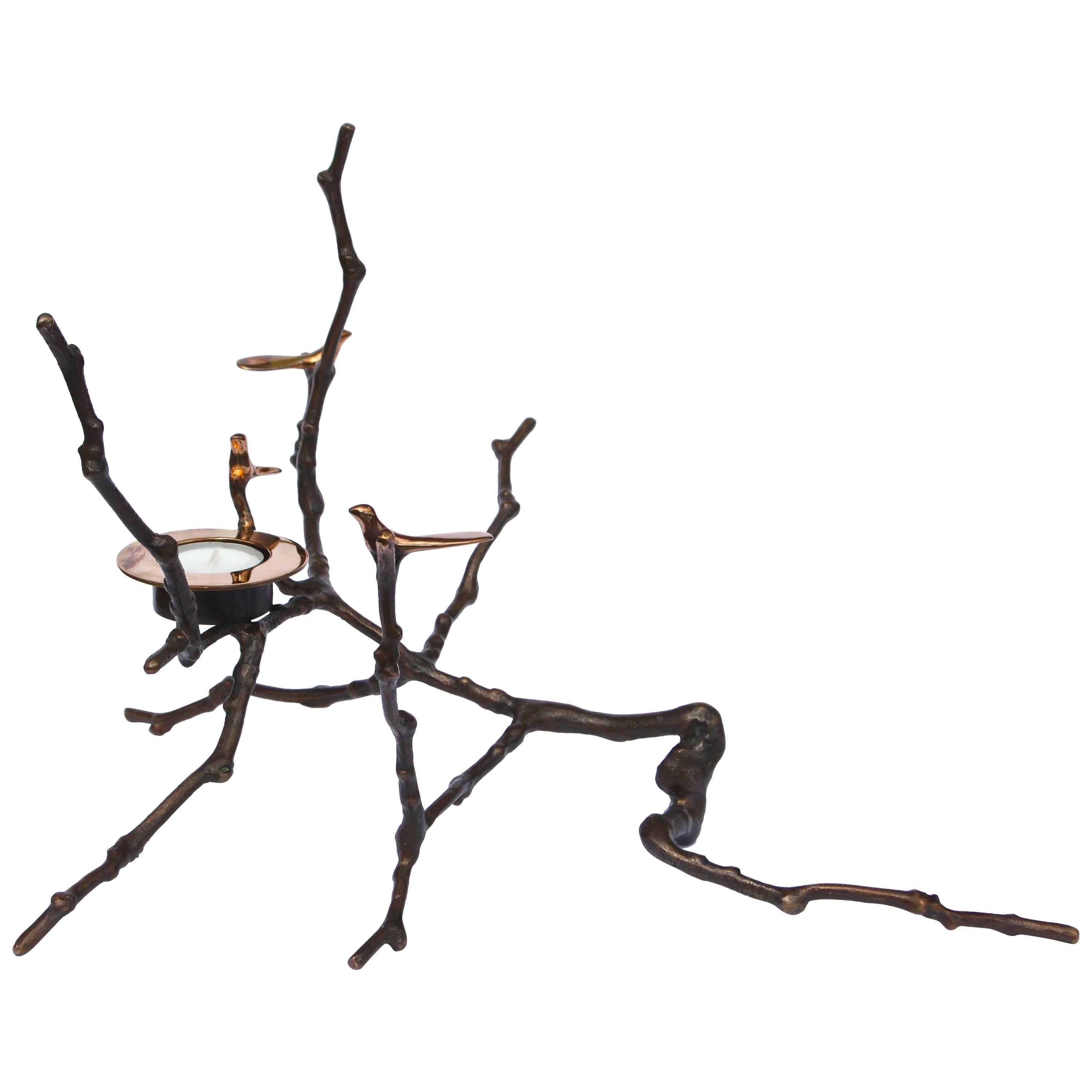 Bronze Cast Magnolia Twig T-Light Holder with Light Patina Tall