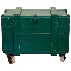 Vintage Green Wooden Trunks on Casters with Rope Handles and Hinged Lid 11