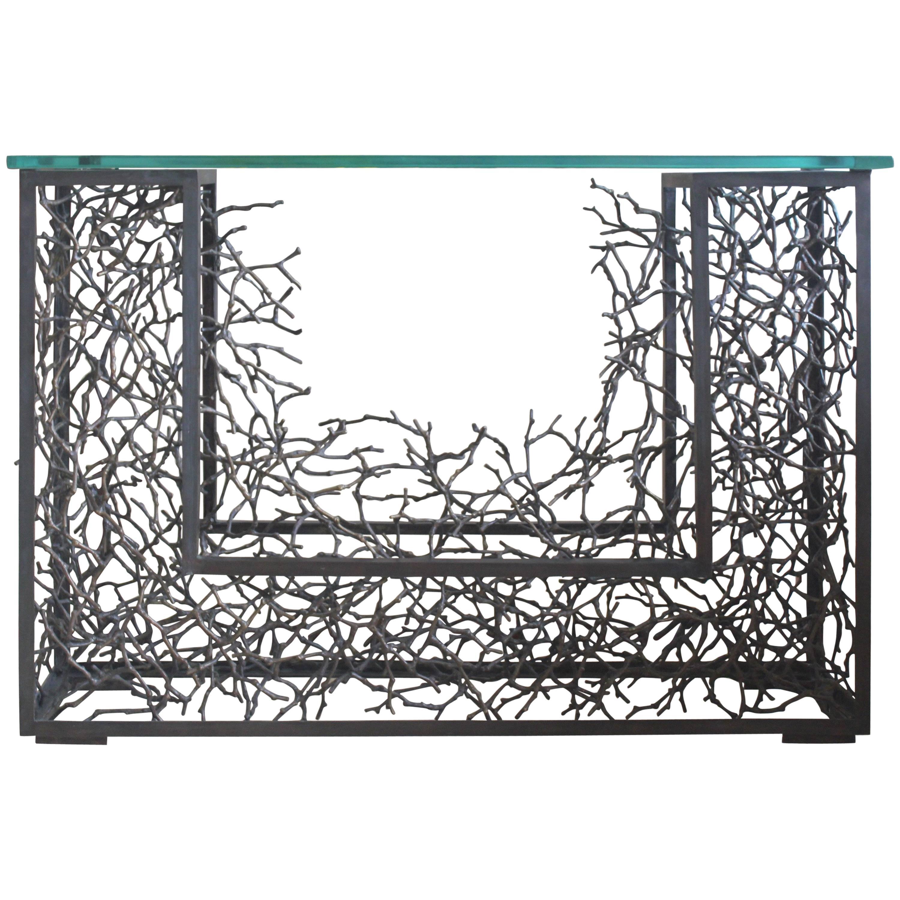 Cast Brass Magnolia Twigs with Brass Frame Console Table