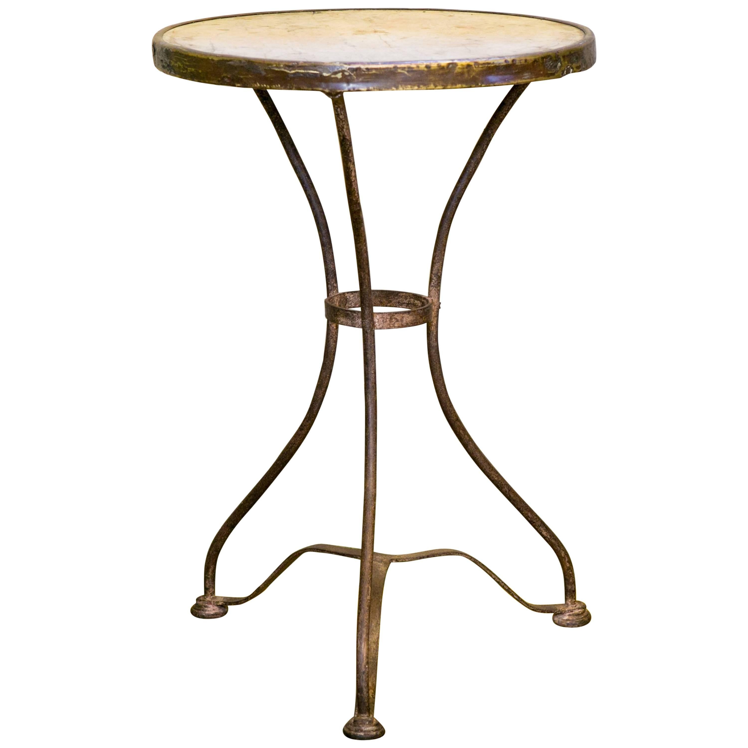 Marble-Top French Iron Bistro Table with Brass Band, circa 1910