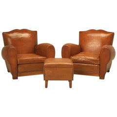 French Art Deco, Original Leather Moustache Club Chairs with Ottoman