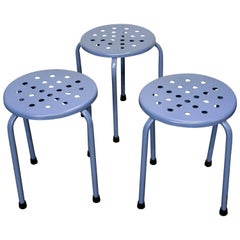 Set of Three Vintage Mid-Century Blue Perforated Blue Stools 4