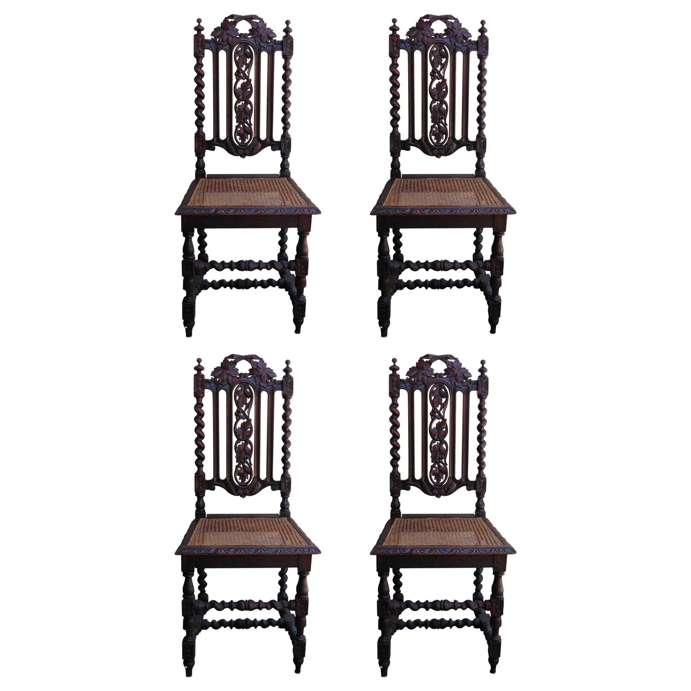 19th Century Set of Four Carved Oak Renaissance Style Chairs