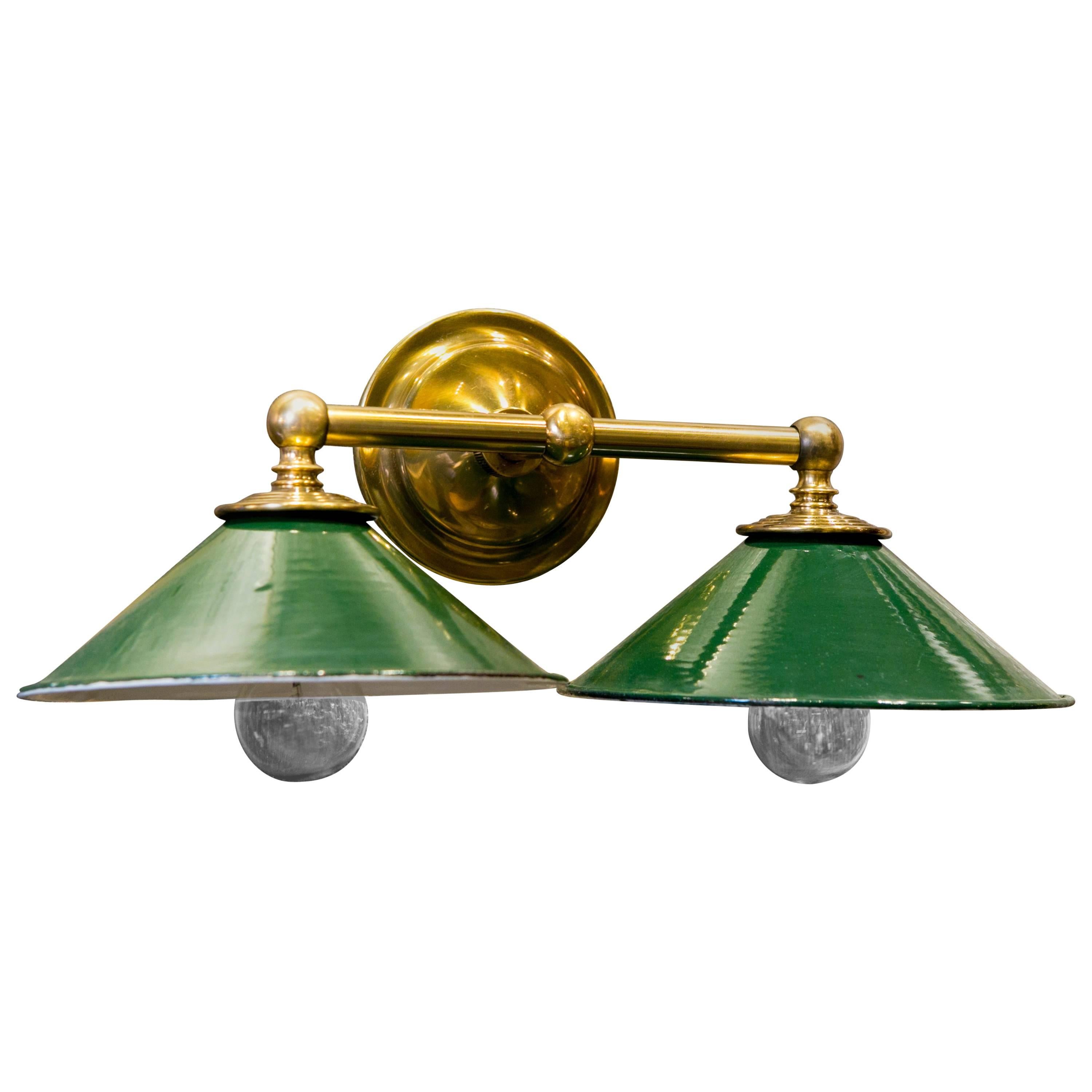 Brass Wall Sconce with Green Enamel Downward Facing Shades, circa 1920