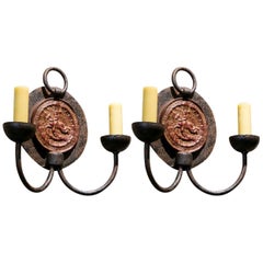 Pair Belgian Iron Sconces with Medallion Backplate and Two Arms, circa 1940