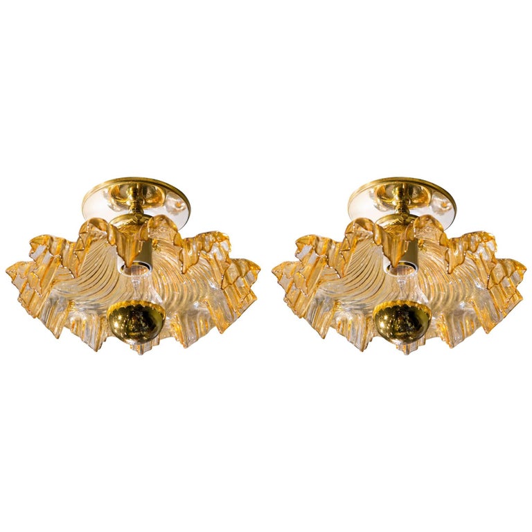 Pair Italian Gold  Murano Glass Flush Mount or Wall Mount Lights, circa 1960 For Sale