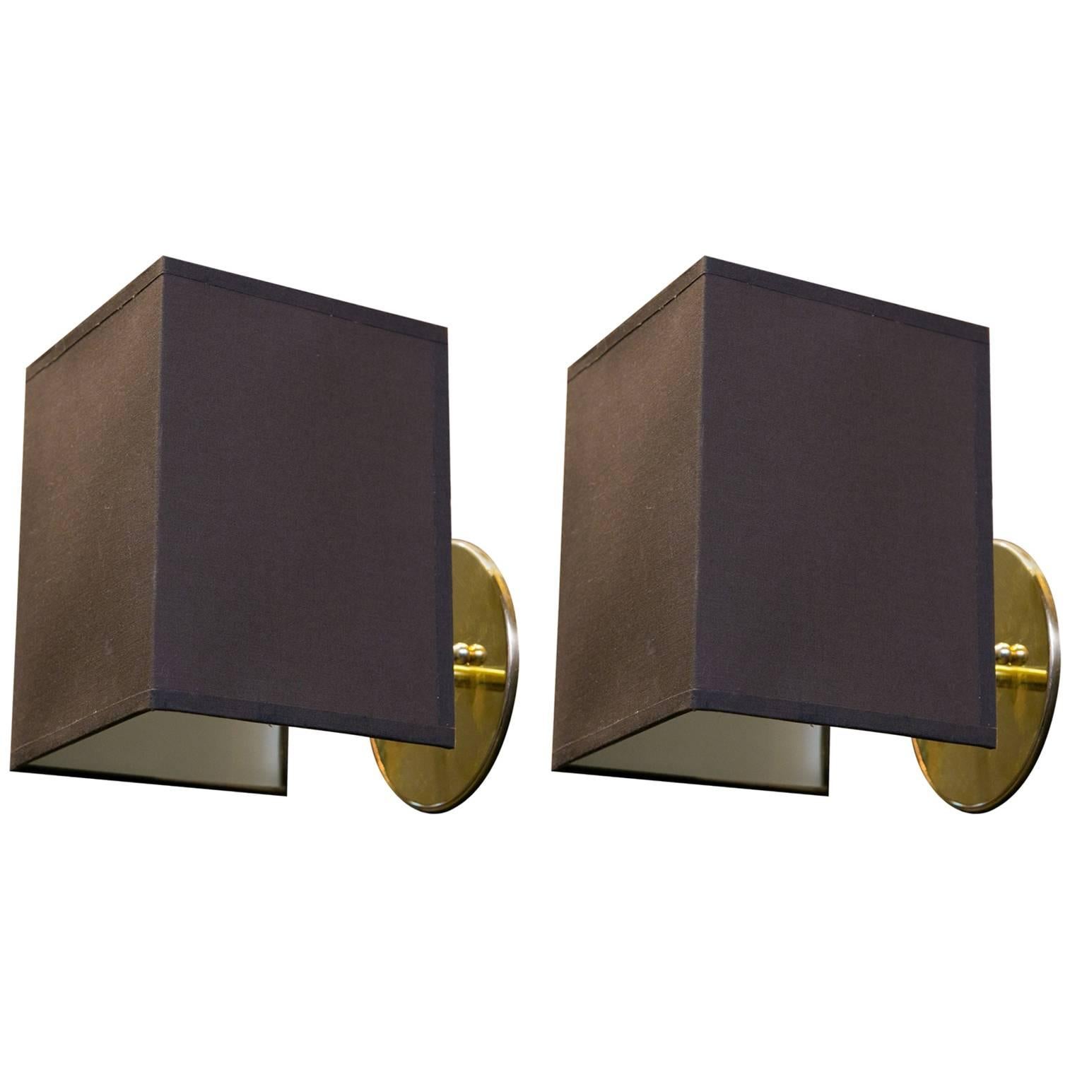 Pair of Custom Brass Sconces with Belgian Linen Shades