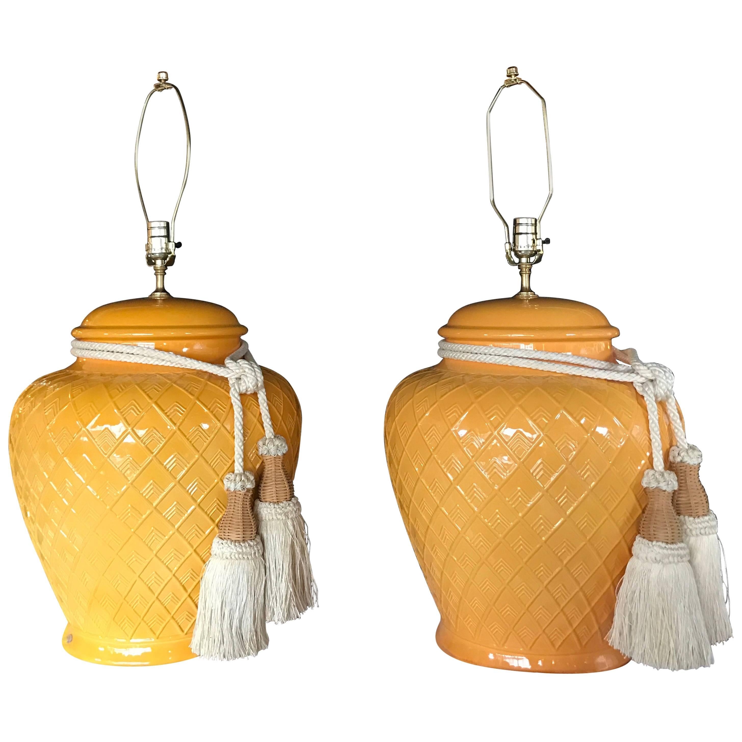 Pair of Yellow Glazed Ceramic Jardinière Lidded Vases Mounted for Lamps