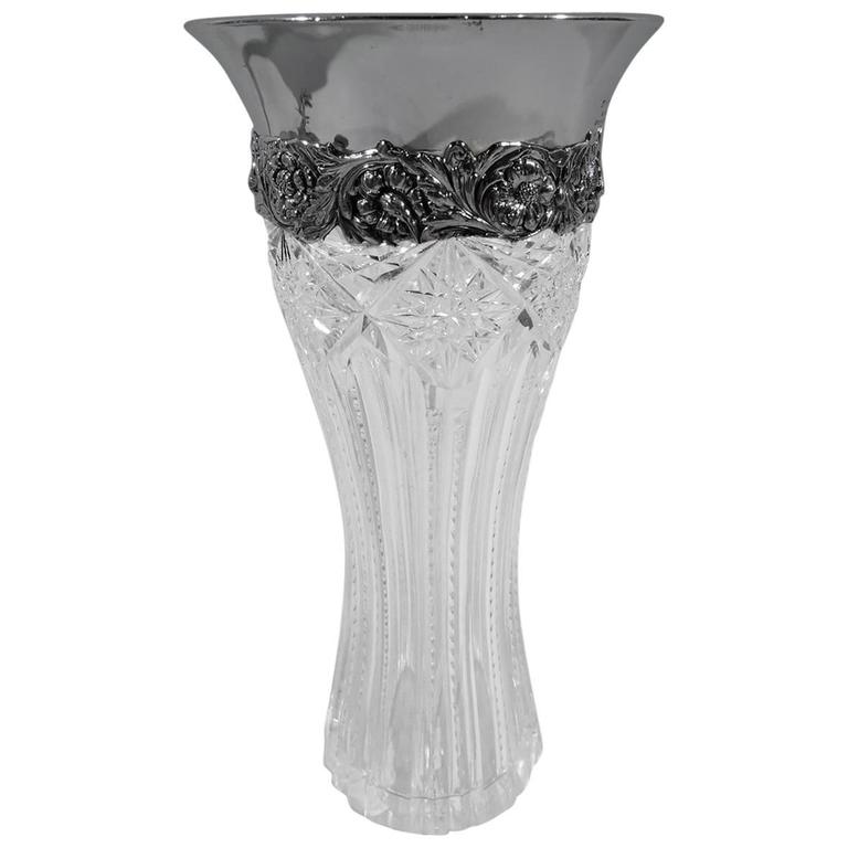 Antique Tiffany BrilliantCut Glass and Sterling Silver Vase For Sale