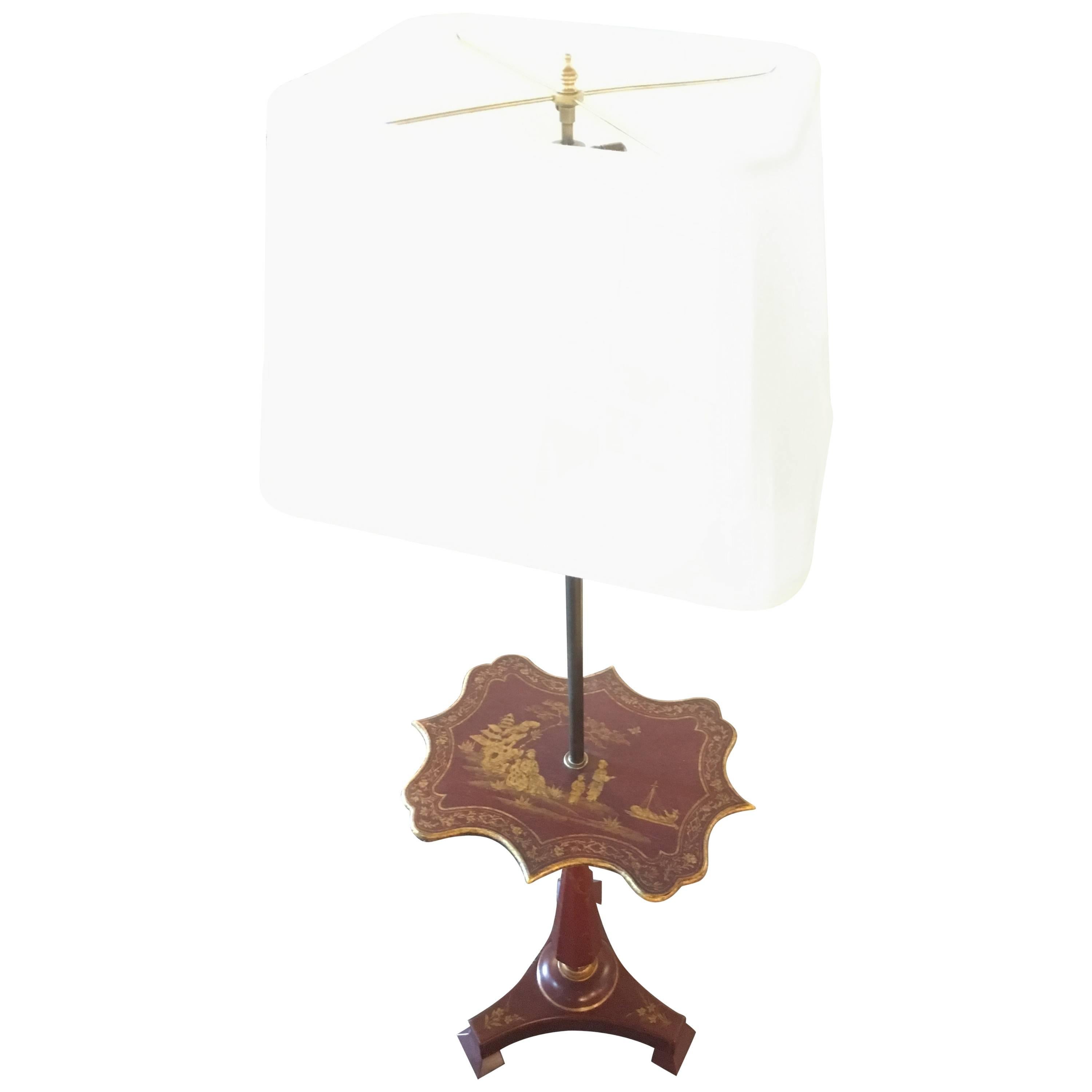 Red Chinoriserie Decorated Table Lamp with Custom Shades For Sale