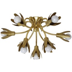 Vintage Italian Nine-Arm Solid Brass Flush Mount Chandelier, 1950s