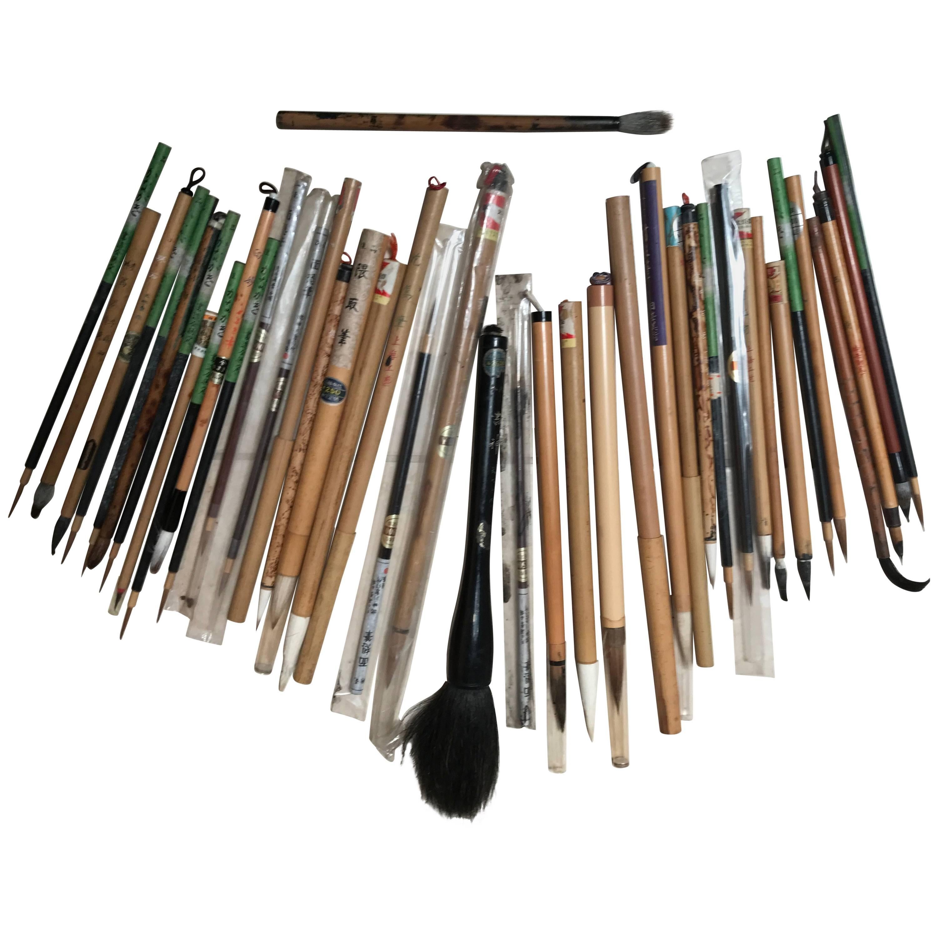 Artisan's Cache of 41 Old China Paint Calligraphy Bamboo Brushes
