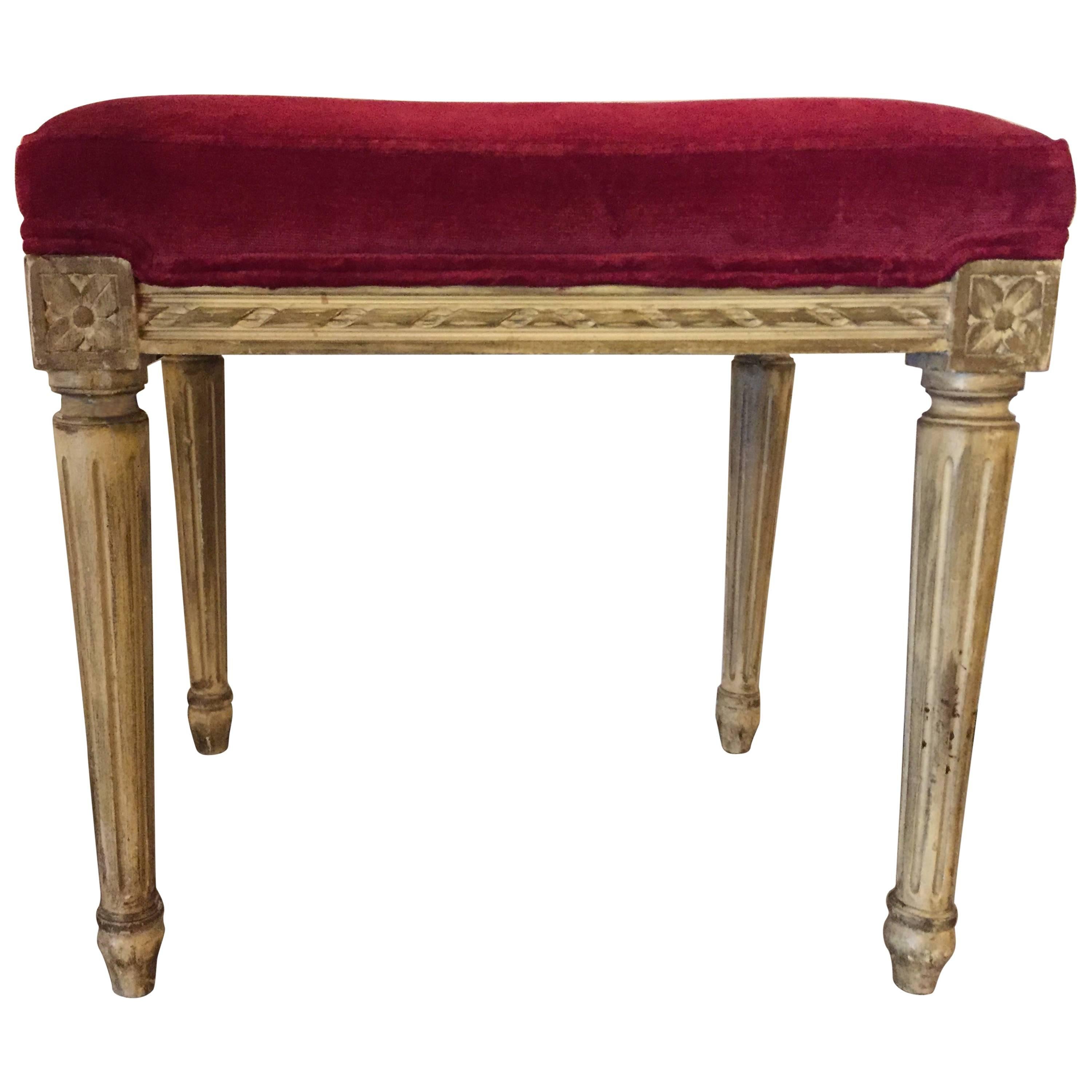Distressed Painted Louis XVI Style Stool with Velvet Upholstery