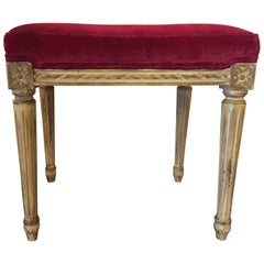 Vintage Distressed Painted Louis XVI Style Stool with Velvet Upholstery