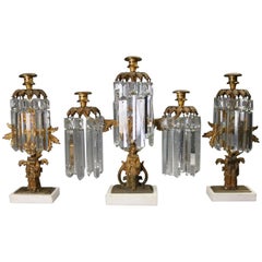 Antique Early Figural Three-Piece Bronze, Crystal and Marble Girandole Set