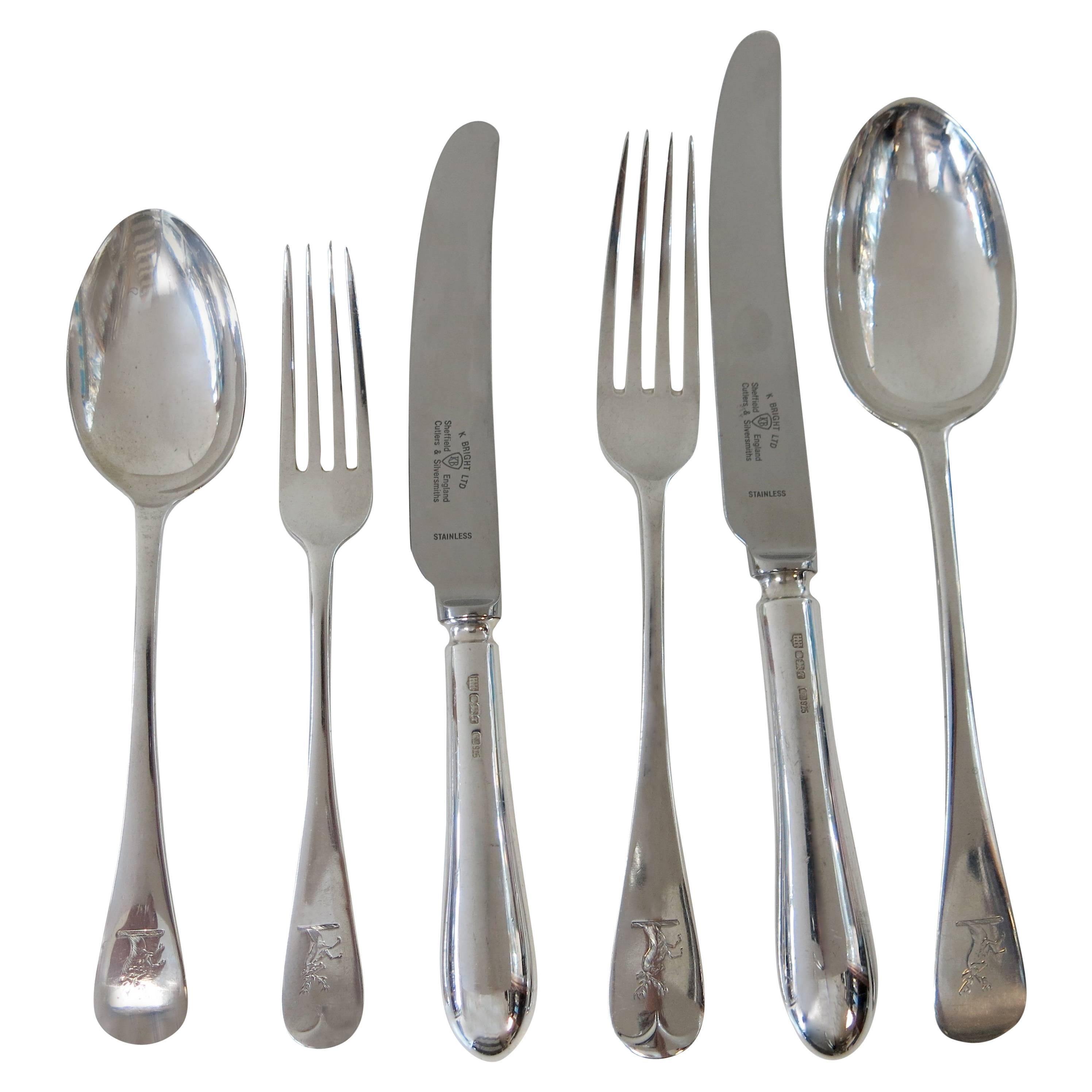 Antique English, Sterling Silver Flatware in the 'Old English' Pattern, 72 Pcs For Sale