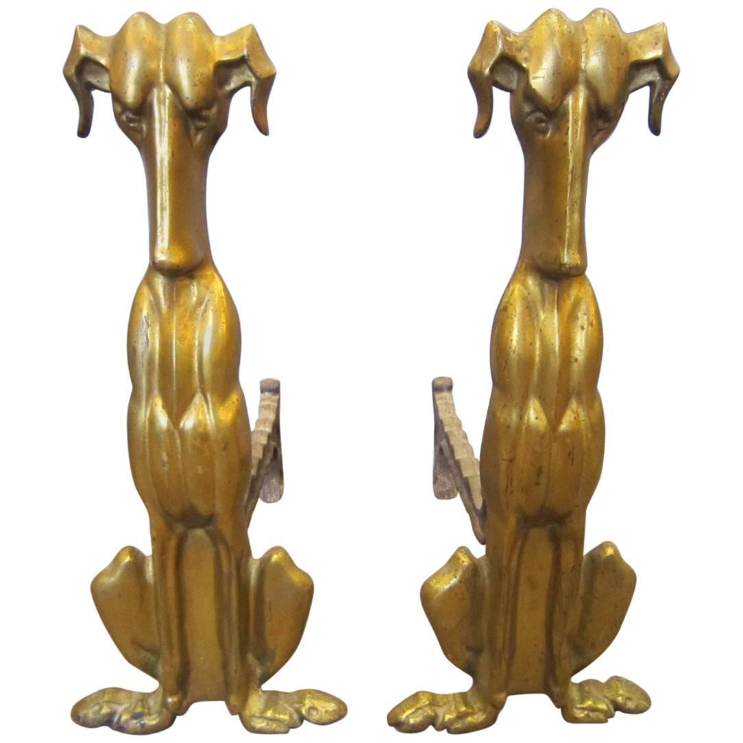 Tall Pair of Modernist Gilt Bronze Dog Andirons