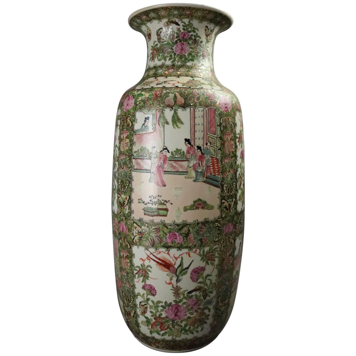 Oversized Vintage Chinese Rose Medallion Porcelain Vase, Signed, circa 1950