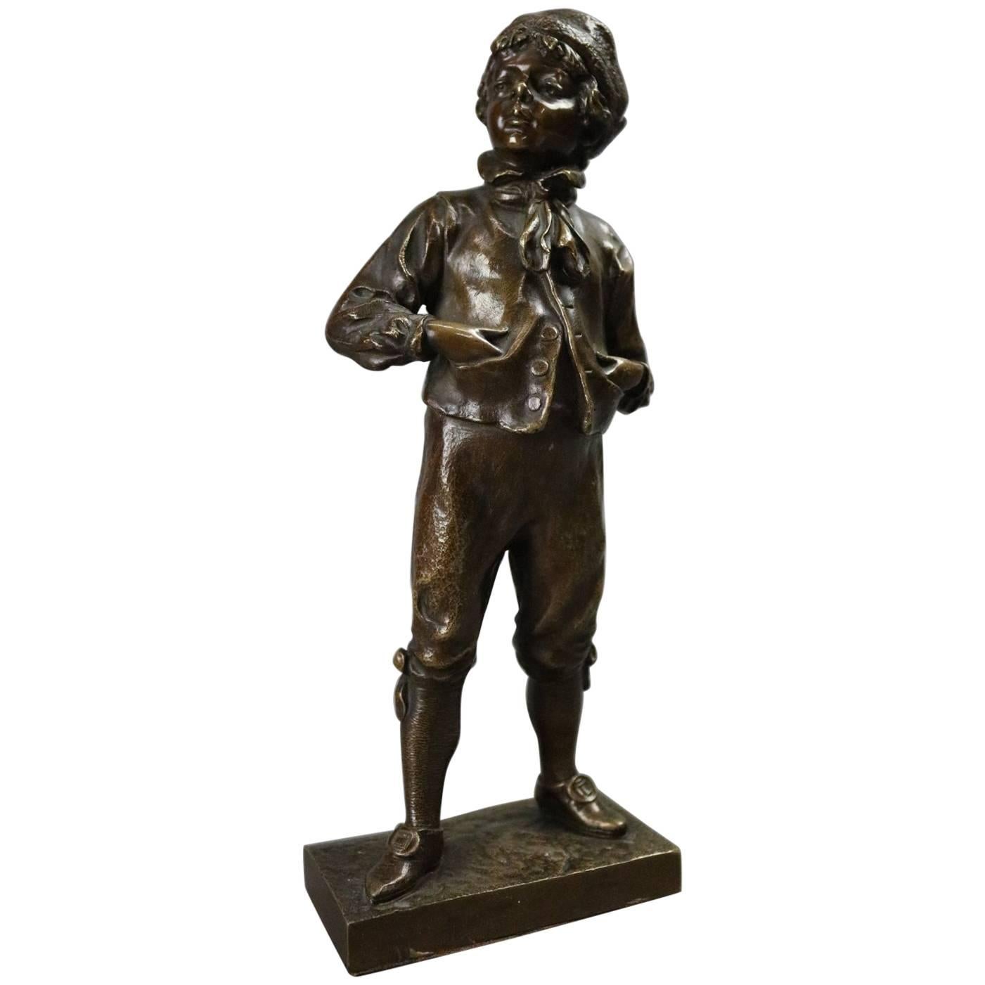 Antique German Figural Bronzed Metal Sculpture by M. Lindenberg of Boy, 1897