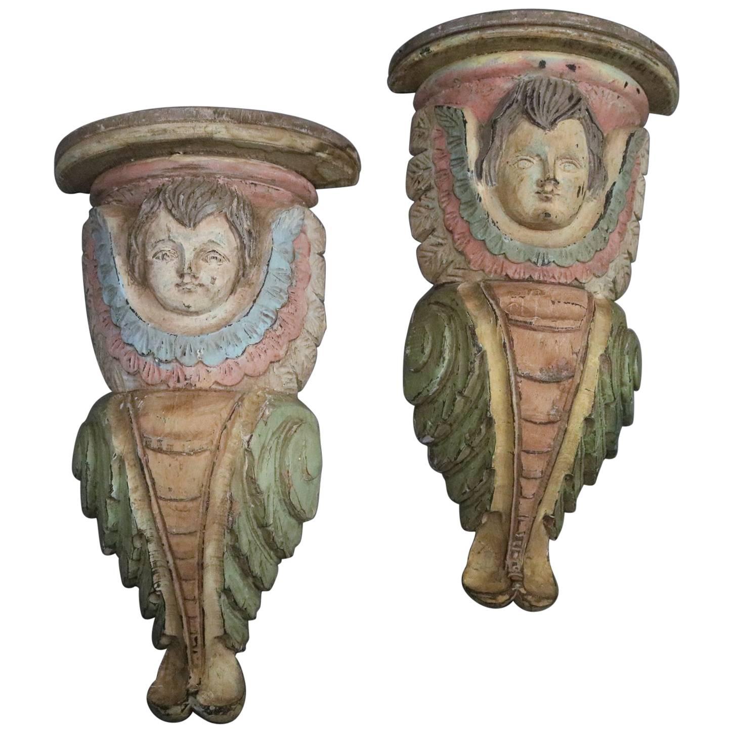 Pair of Vintage Polychrome Carved Figural Cherub Candle Wall Shelves, circa 1950