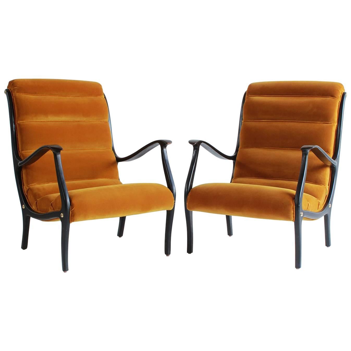 Pair of Ebonized Open Framed Armchairs Upholstered in Gold Velvet