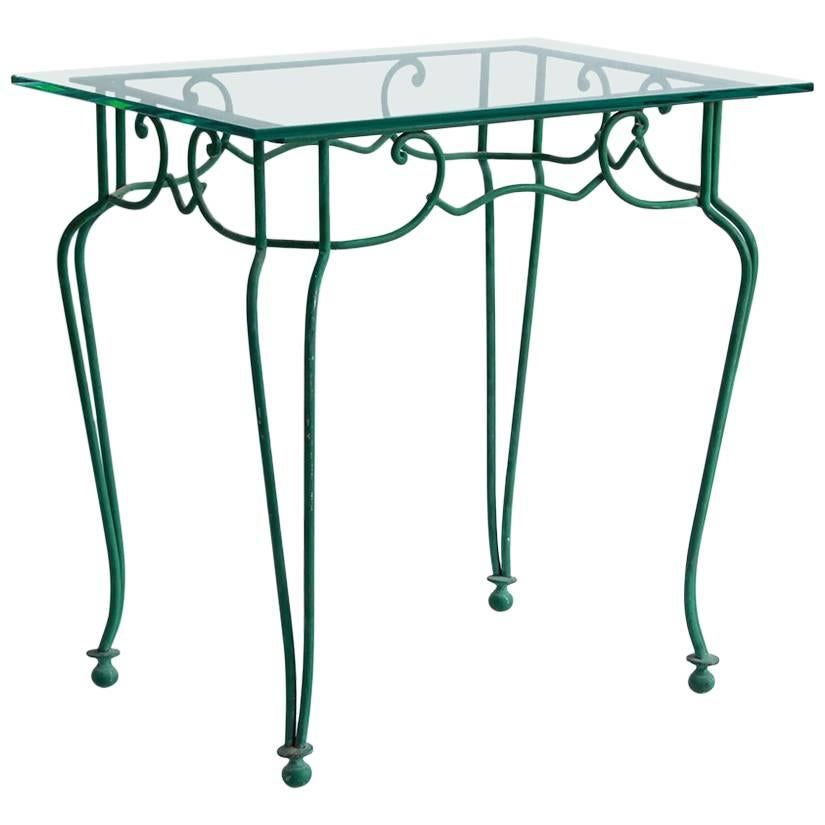 Green Metal Scrolled Side Table with Glass Top