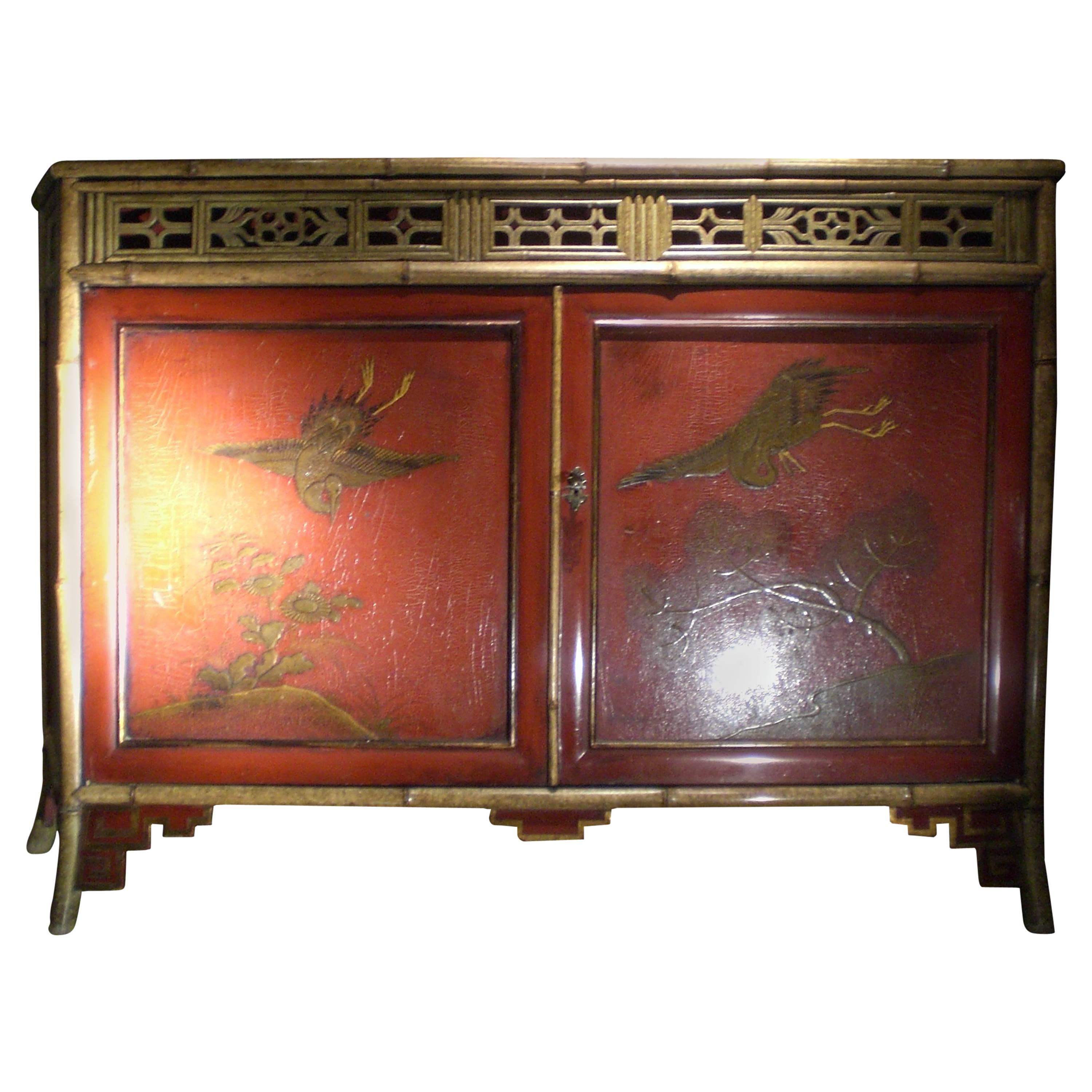 Chinoiserie Red Lacquer Cabinet English, 19th Century For Sale