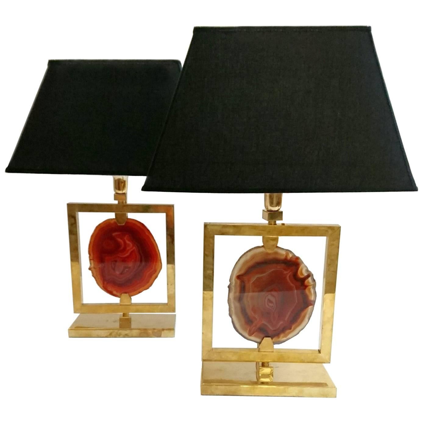 Pair of Agate and Brass Lamps, Italy