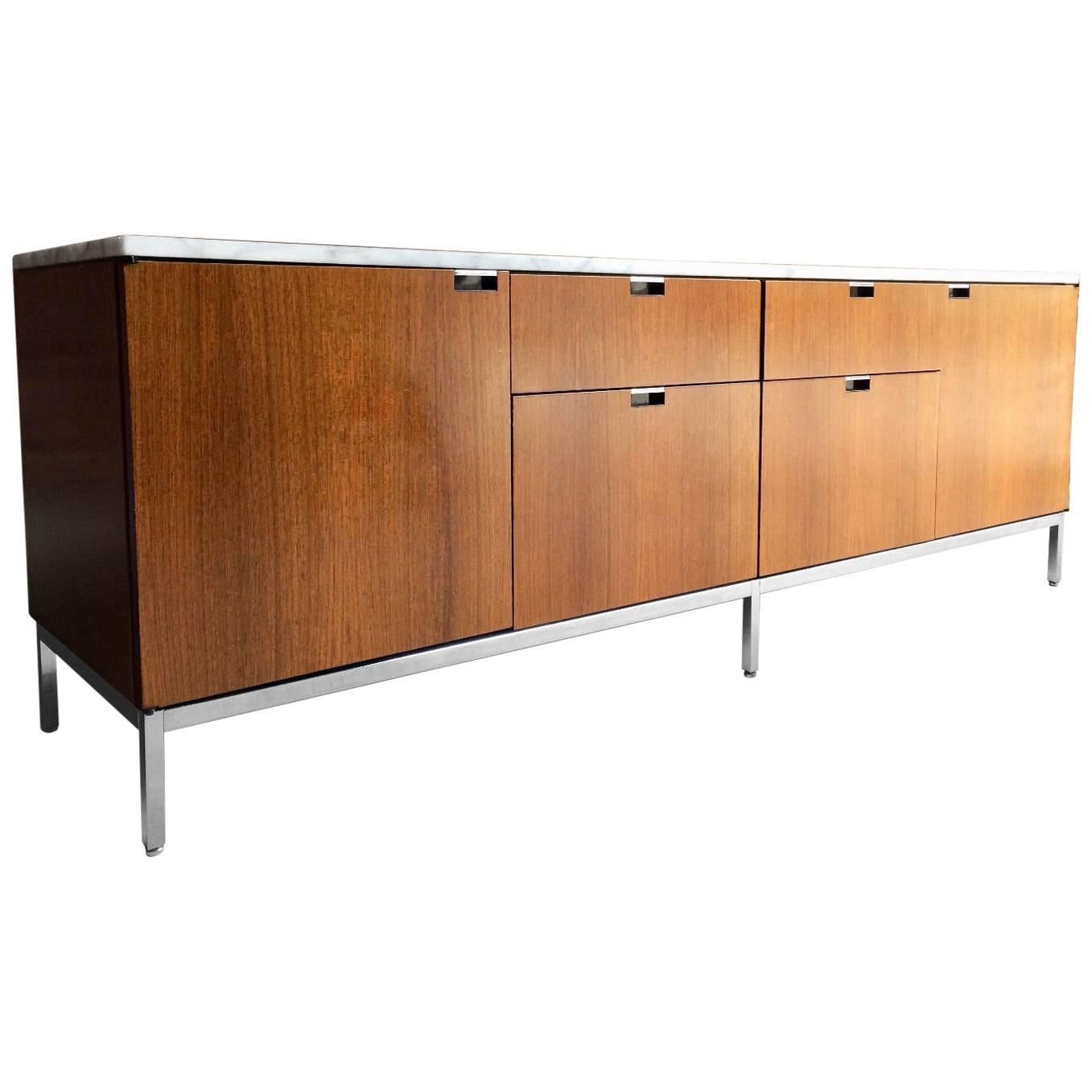 Marble-Topped Light Walnut Credenza or Sideboard by Florence Knoll, Mid-Century