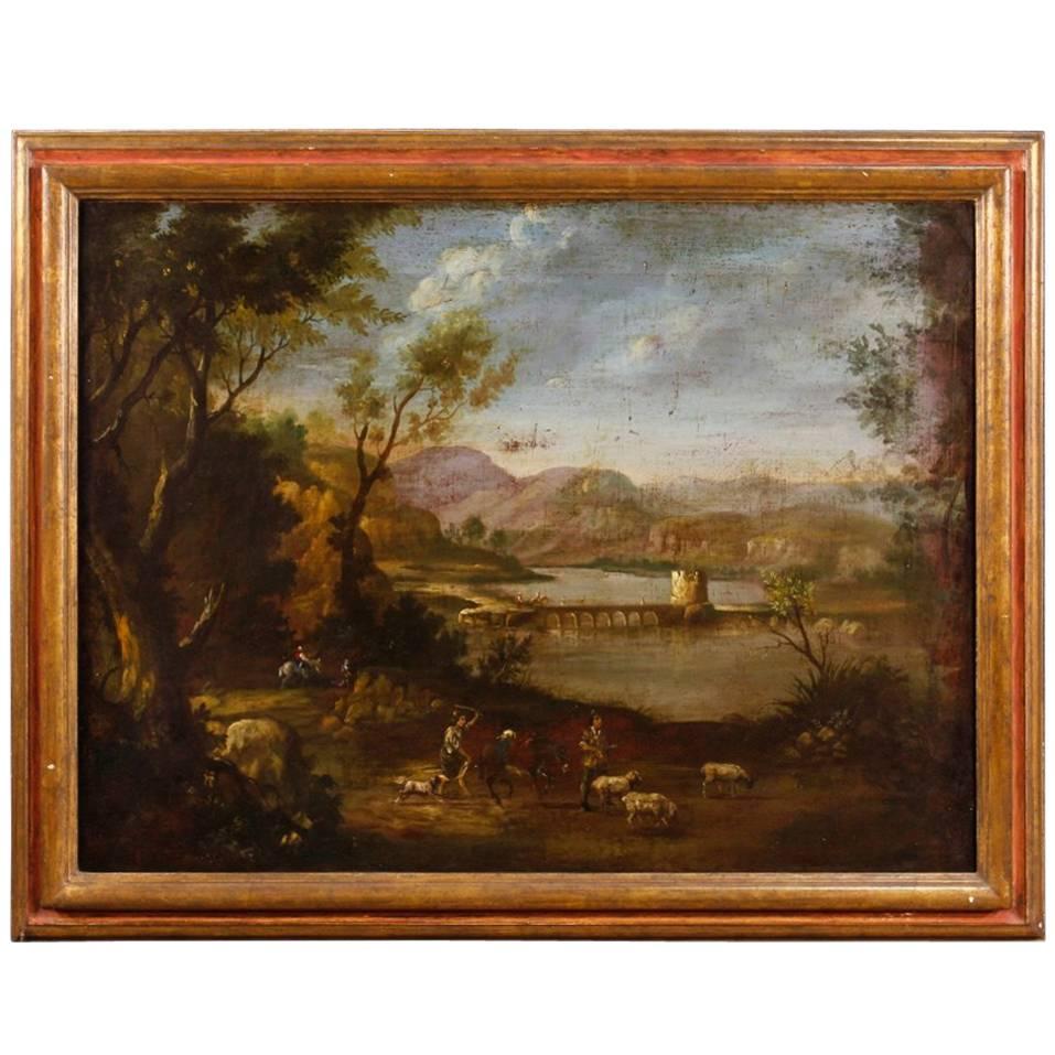 19th Century Italian Landscape Painting with Gold Frame