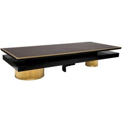 Great Black Lacquer Coffee Table with Brown Leather Top and Gilt Brass