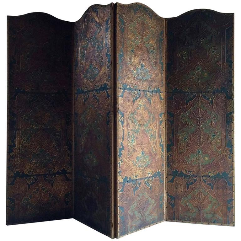 Antique Screen Room Divider FourFold Victorian Leather Embossed Gilded