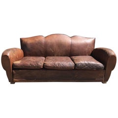 Rare French Leather Antique Moustache Club Sofa