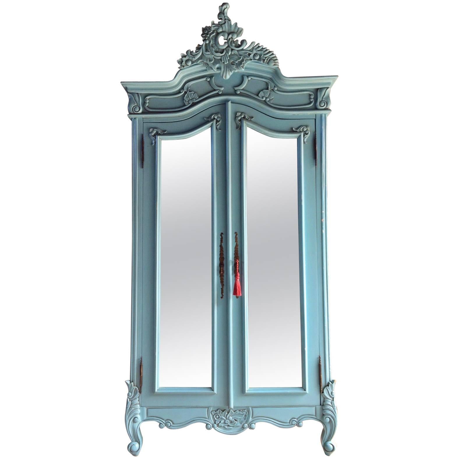 French Painted Armoire Double Wardrobe Mirrored Large Louis XV Style