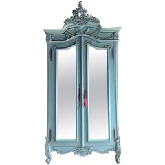 Vintage French Painted Armoire Double Wardrobe Mirrored Large Louis XV Style