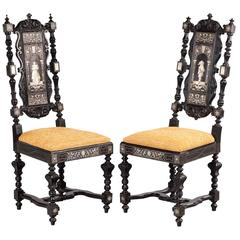 Pair of Late 19th Century Italian Ebonized Single Chairs with Bone Inlay