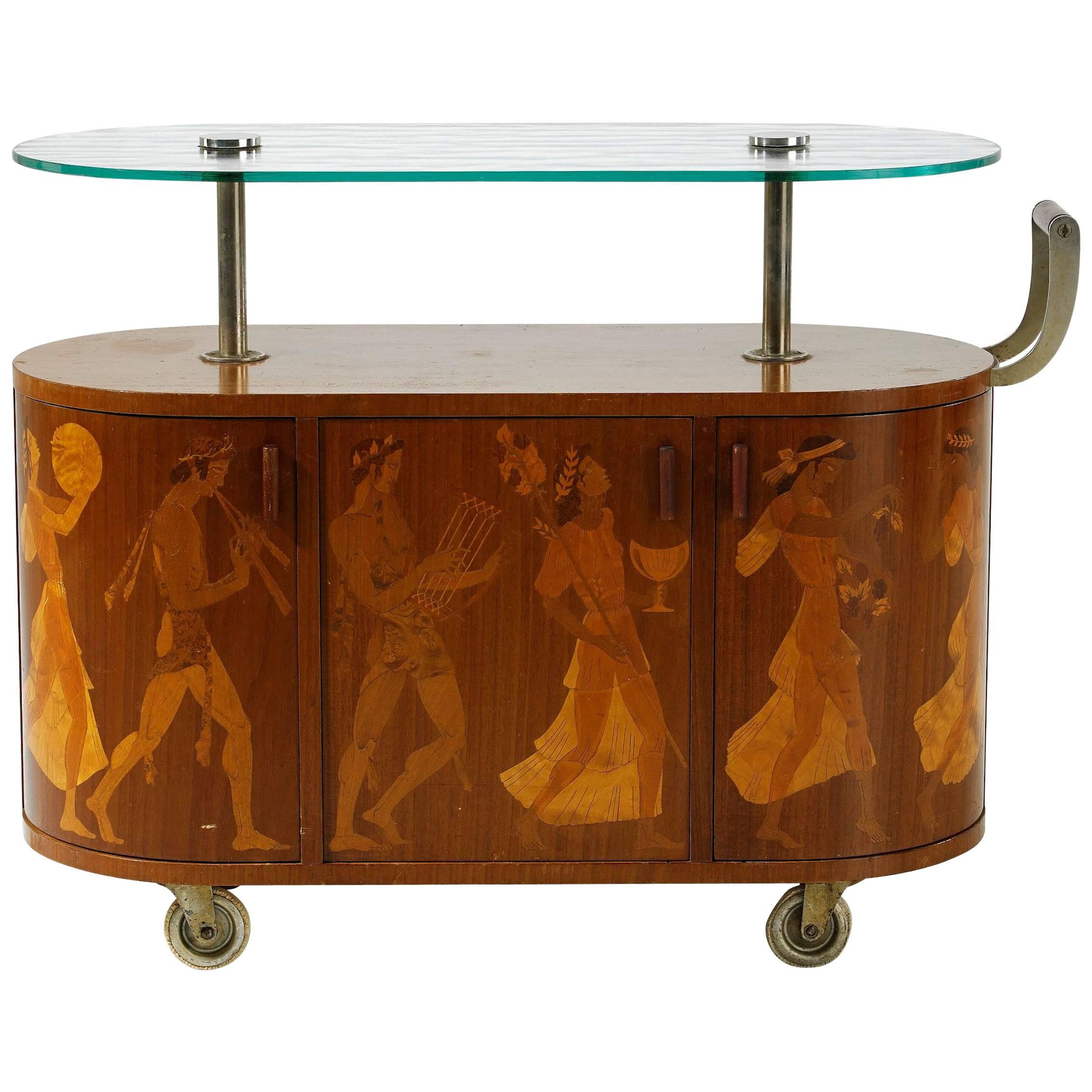 Bar Trolley Bacchusparade, Attributed to Mjölby Intarsia, Sweden, 1930-1940 For Sale